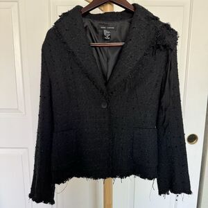 Anne Carson Silk Blend Blazer M Black Plaid Raw Trim Floral Brooch Boho Witchy